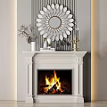 White Fireplace with Burning Fire Decorative Sunburst Mirror and Ornaments 3d model