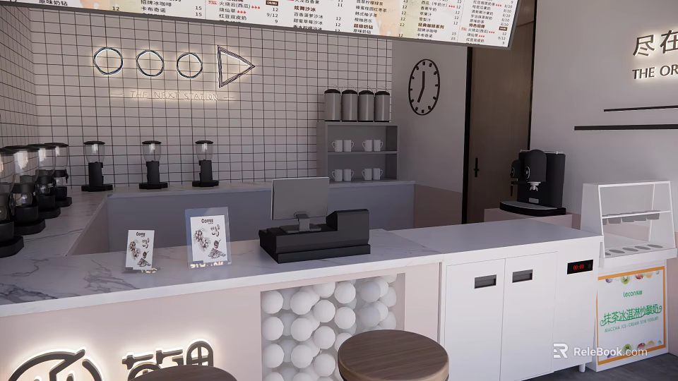 Modern Milk Tea Shop Interior With Counter Menu Board Coffee Machine And Seating Area 3d model 