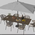 Modern Wooden Lattice Top Outdoor Dining Table Set With Stylish Rattan Chairs And Large Umbrella