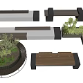 Modern Outdoor Landscape Seats With Wooden Benches Circular Design And Green Plants