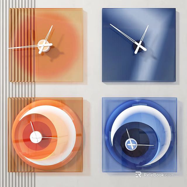 Four Modern Wall Clocks With Colorful Designs And Geometric Shapes For Home Decor 3d model 
