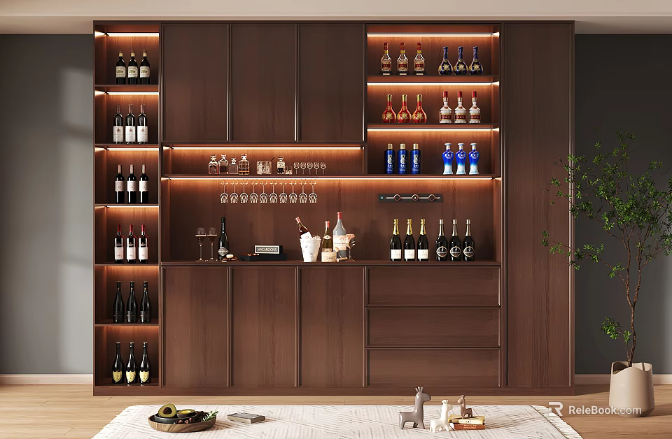 Modern Wine Cabinet Design With Multiple Shelves Wine Bottles Glasses And Lighting 3d model 