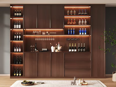 Modern Wine Cabinet Design With Multiple Shelves Wine Bottles Glasses And Lighting 3d model