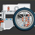 White Mechanical Robot With Blue Large Wheels Orange Red Details And Body Structure