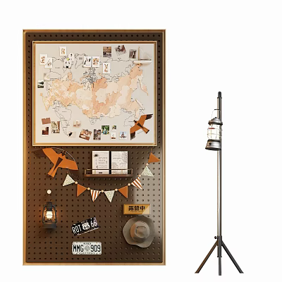Wall with Vintage Map Photos Notes Pegboard Bunting Lantern Hat And Floor Lamp 3d model