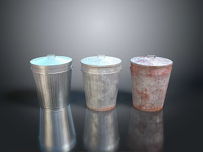 Three Metal Trash Cans With Lids In Different Conditions On Reflective Surface 3d model