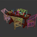 Dark Wooden Dining Table With Rattan Chairs And Dinnerware Candles Fruit Platter