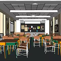 Modern School Classroom Featuring Bright Lighting Colorful Desks Chairs Blackboard And Large Windows