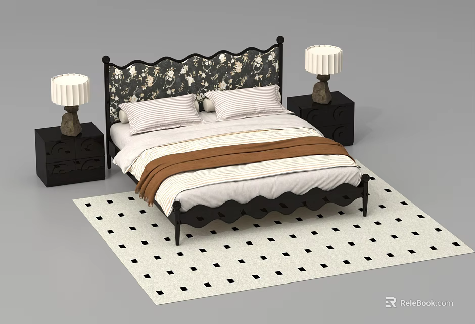 Double Bed With Black Floral Headboard White Sheets Brown Blanket Black Nightstands White Lamps Checkered Rug 3d model 