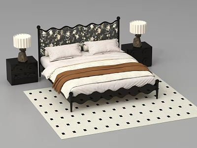 Double Bed With Black Floral Headboard White Sheets Brown Blanket Black Nightstands White Lamps Checkered Rug 3d model