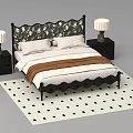 Double Bed With Black Floral Headboard White Sheets Brown Blanket Black Nightstands White Lamps Checkered Rug