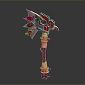 Decorative Battle Axe With Red And Silver Spiked Head Wooden Handle Yellow Straps