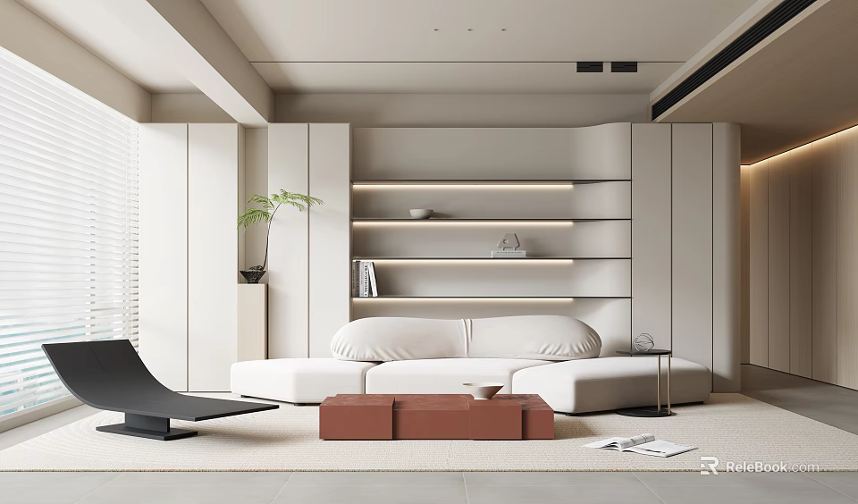 Modern Living Room Interior With White Sofa Bookshelf Decorative Plants And Coffee Table 3d model 