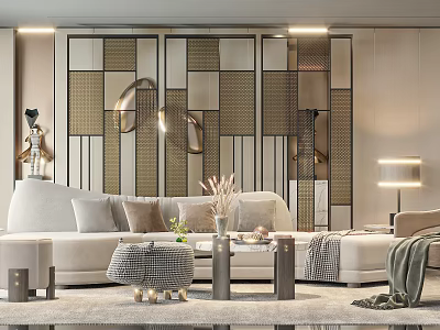 Modern Living Room Sofa and Coffee Table Set with Decorative Screen Table Lamp and Pillows 3d model