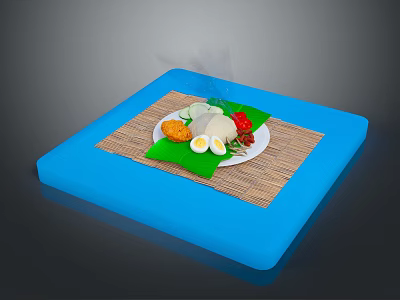 Fresh Food Plate with White Tofu Boiled Eggs Green Vegetables Red Garnish on Blue Mat 3d model