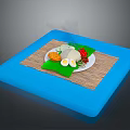 Fresh Food Plate with White Tofu Boiled Eggs Green Vegetables Red Garnish on Blue Mat