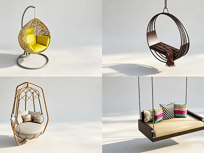Stylish Hanging Chairs With Various Designs Comfortable Cushions And Metal Frames 3d model