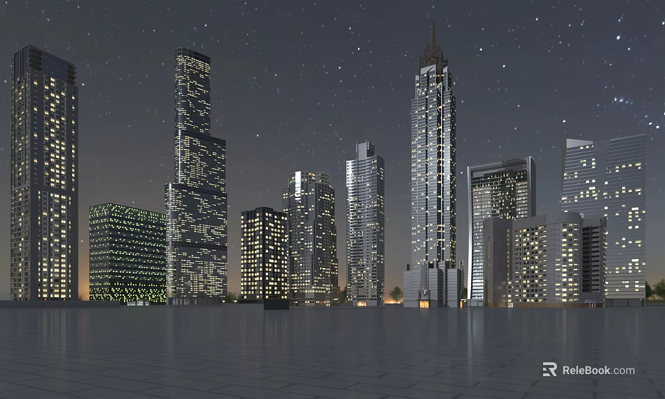 Urban Night Scene With Illuminated Skyscrapers Starry Sky And Empty Square 3d model 