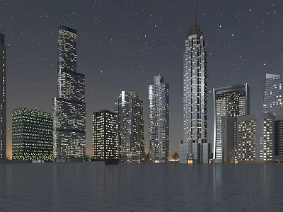 Urban Night Scene With Illuminated Skyscrapers Starry Sky And Empty Square 3d model