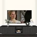 Modern TV Stand with Vase Flowers White Statue Wall Sconces and Herringbone Wooden Floor