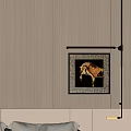 Abstract Painting With Black Frame On Beige Wall In Bedroom Interior With Hanging Light Fixture