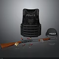 Tactical Police Rifle With Bulletproof Vest Helmet Bullets Badge And Handcuffs