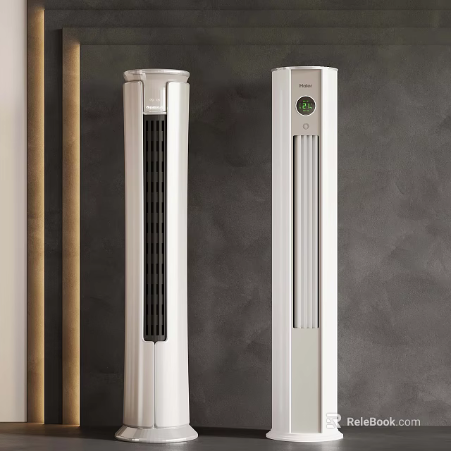 Two Modern White Tower Fans With Black Grille Left And Display Screen Right 3d model 