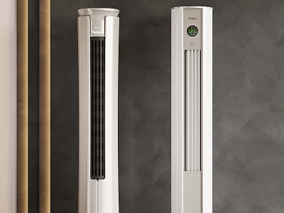 Two Modern White Tower Fans With Black Grille Left And Display Screen Right 3d model