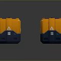Orange and Blue Geometric Containers with Triangle Symbols Top Lids Blue Bases Reflective Green Parts
