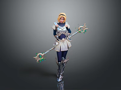 Blonde Haired Female Character In Armored Outfit Holding Creature Themed Magic Staff With Green Gemstones 3d model