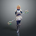 Blonde Haired Female Character In Armored Outfit Holding Creature Themed Magic Staff With Green Gemstones