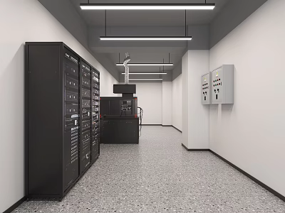 Modern Neat Monitoring Control Room Equipped With Server Racks And Standard Power Distribution Units 3d model