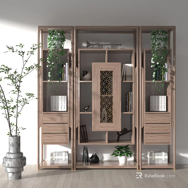 Wooden Bookcase With Decorative Door Storage Shelves Books Plants And Decorations 3d model 
