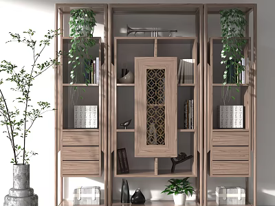 Wooden Bookcase With Decorative Door Storage Shelves Books Plants And Decorations 3d model