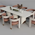 Dining Table Set with White Rectangular Top Eight Pink Upholstered Chairs and Dried Flowers Vase 3d model