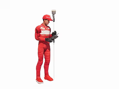Man In Red Racing Suit And Red Cap Holding Device With Long Pole Microphone 3d model
