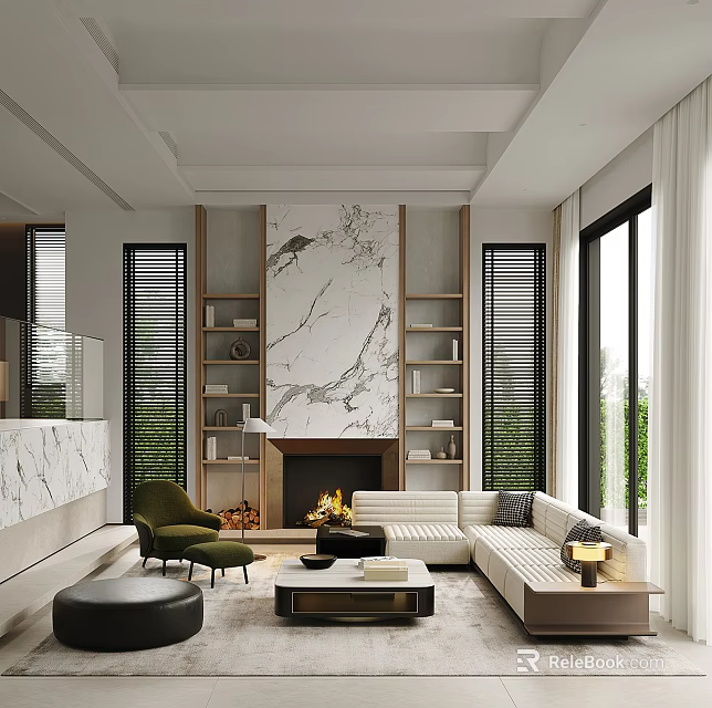 Contemporary Duplex Living Room Interior With Marble Feature Wall Fireplace And Green Accent Chairs 3d model 