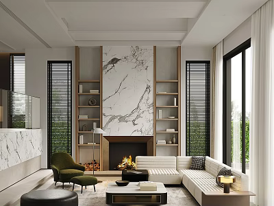 Contemporary Duplex Living Room Interior With Marble Feature Wall Fireplace And Green Accent Chairs 3d model