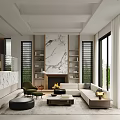 Contemporary Duplex Living Room Interior With Marble Feature Wall Fireplace And Green Accent Chairs