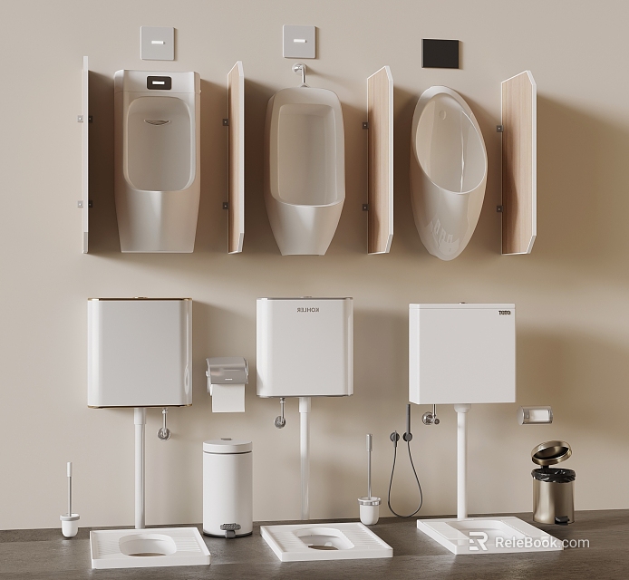 Different Design Wall Mounted Urinals With Toilet Tanks And Bathroom Fixtures 3d model 