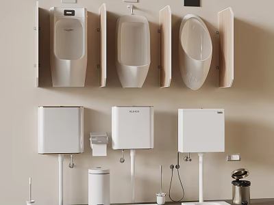 Different Design Wall Mounted Urinals With Toilet Tanks And Bathroom Fixtures 3d model