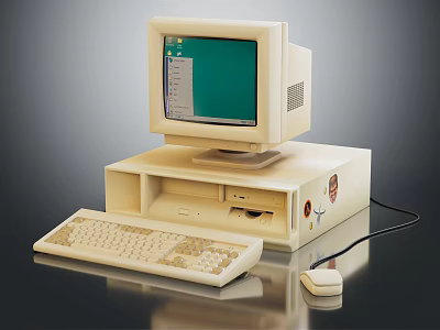 Vintage Beige Desktop Computer With Green Screen CRT Monitor Keyboard And Mouse 3d model