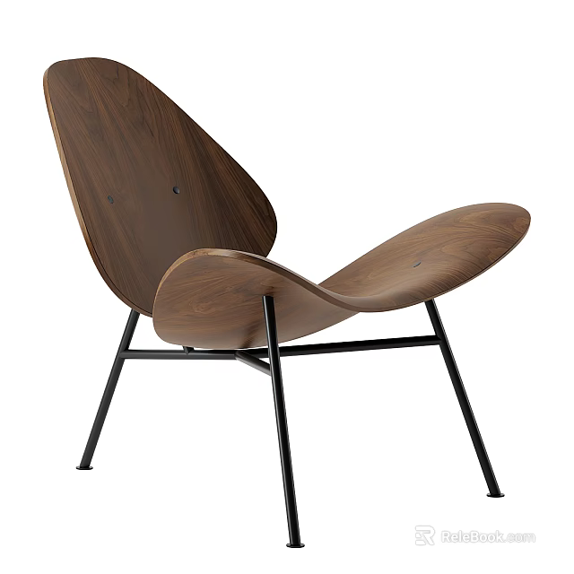 Modern Wooden Leisure Chair with Curved Backrest and Seat and Black Metal Legs 3d model 