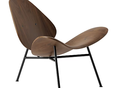 Modern Wooden Leisure Chair with Curved Backrest and Seat and Black Metal Legs 3d model