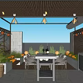 Cozy Open Home Balcony With Wooden Ceiling Sea View Dining Table And Green Plants