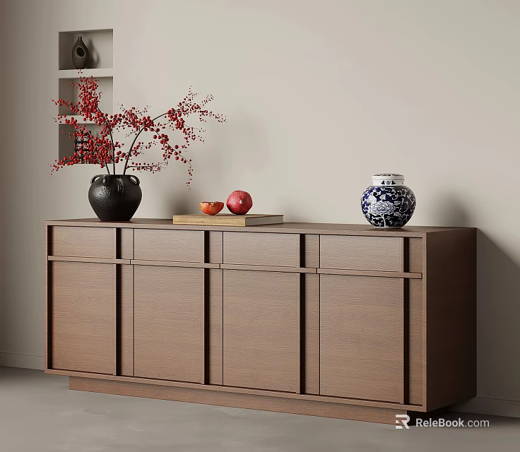 Minimalist Modern Entryway Cabinet Sideboard Featuring Black Vase Red Berries Apples Blue White Jar 3d model 
