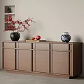 Minimalist Modern Entryway Cabinet Sideboard Featuring Black Vase Red Berries Apples Blue White Jar
