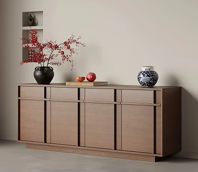 Minimalist Modern Entryway Cabinet Sideboard Featuring Black Vase Red Berries Apples Blue White Jar 3d model