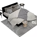 Modern Minimalist Double Bed with Gray Bedding Pillows and Side Table on Rug 3d model