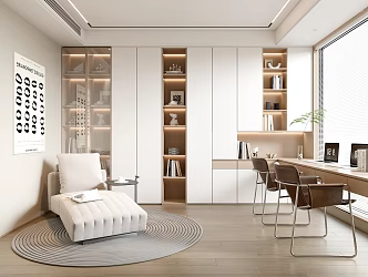 Modern Study Desk and Chair Combination Desk Bookcase Chaise Chair 3d model